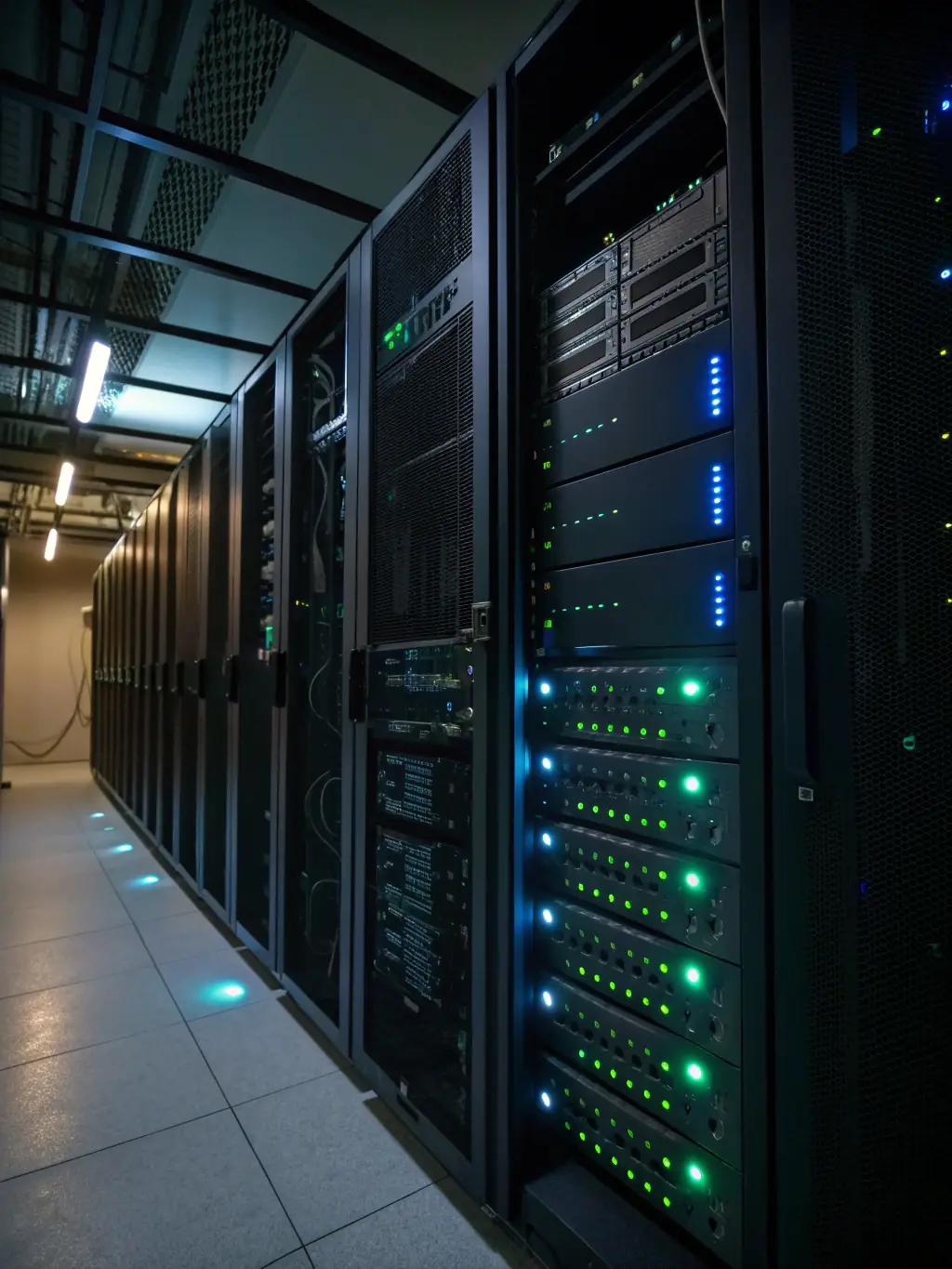 A server room with blinking lights, symbolizing the reliability and high-speed nature of Capital A Web Studio's managed hosting services.