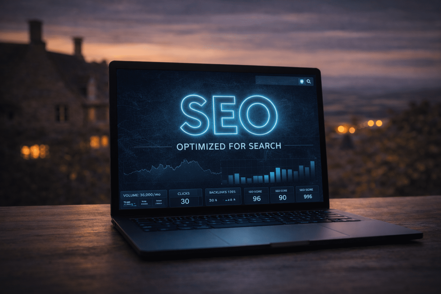 Laptop displaying SEO analytics at dusk