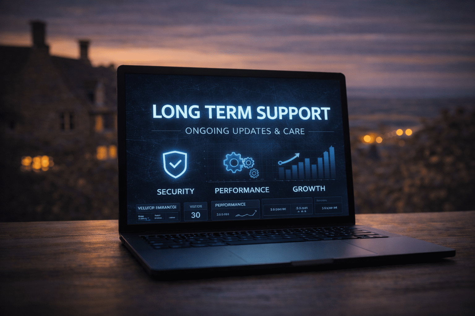 Laptop displaying support information outdoors.